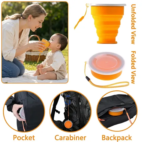 Silicone Collapsible Water Cup Portable Travel Drinking Mug With Lanyard And Lid For Outdoor Camping Hiking Reusable