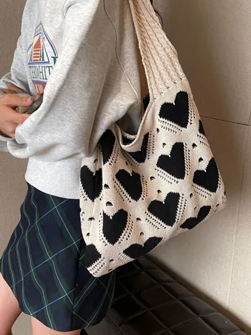 Bolso Tote De Punto Con Estampado De Corazón Gran Capacidad Bolso De Hombro Casual Colores Contrastados Estilo Coreano Retro