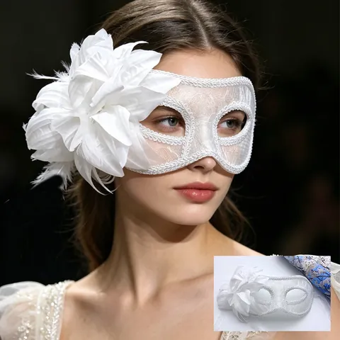 Venetian Masquerade Mask With Lace Feather Flower Decor Elegant Half Face Eye Mask For Halloween Party Costume Women