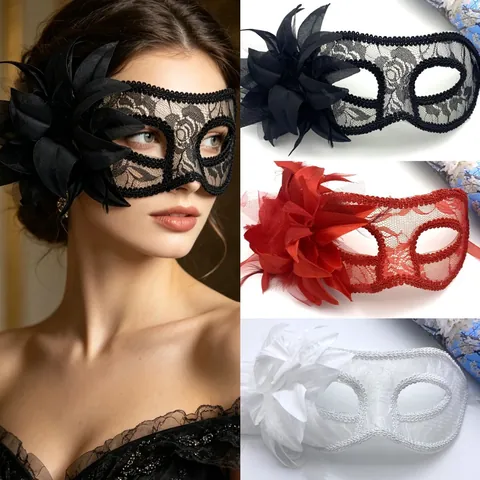 Venetian Masquerade Mask With Lace Feather Flower Decor Elegant Half Face Eye Mask For Halloween Party Costume Women