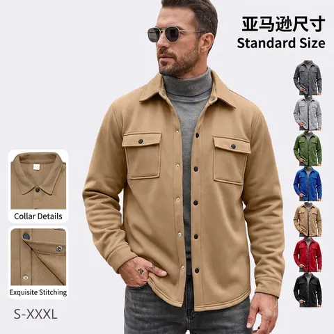 Men Shacket Jacket Brushed Soft Long Sleeve Button Down Lapel Slim Fit Chest Pockets Casual Outerwear Autumn Winter