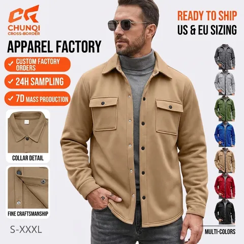Veste Shacket Homme Grattée Douce Manches Longues Boutonnée Revers Coupe Cintrée Poches Poitrine Décontractée Automne