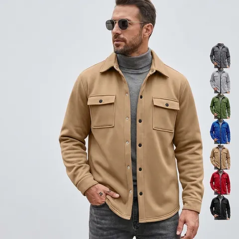 Chaqueta Shacket Para Hombre Cepillada Suave Manga Larga Botones Cuello Solapa Corte Entallado Bolsillos Pecho Casual Invierno