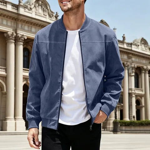 Men Faux Suede Bomber Jacket Stand Collar Zipper Casual Ribbed Trim Solid Color Outerwear