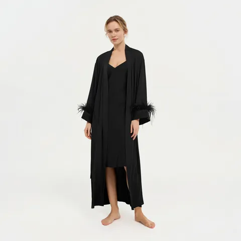 Lussuosa Vestaglia in Raso da Donna con Polsini in Piume Manica Lunga Scollo a V Camicia da Notte con Cintura per Sposa Matrimonio