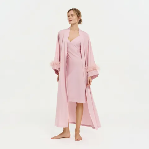 Lussuosa Vestaglia in Raso da Donna con Polsini in Piume Manica Lunga Scollo a V Camicia da Notte con Cintura per Sposa Matrimonio