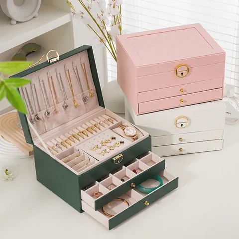Large Multi-Layer Jewelry Box For Women Faux Leather Jewelry Organizer Storage Case With Lock For Earrings Rings Necklaces