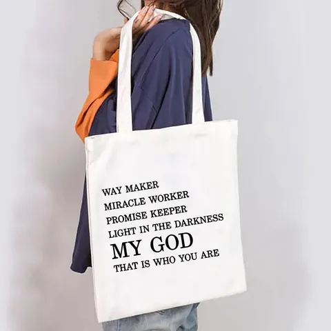 Women Canvas Tote Bag Large Capacity Religious Quote Print Shoulder Bag Casual Eco-friendly Reusable Shopping Handbag