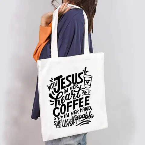 Women Canvas Tote Bag Large Capacity Religious Quote Print Shoulder Bag Casual Eco-friendly Reusable Shopping Handbag