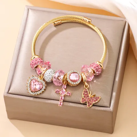 Stainless Steel Gold Alloy Rhinestone Bangle For Women Adjustable Heart Cross Butterfly Charm Bracelet Jewelry Gift