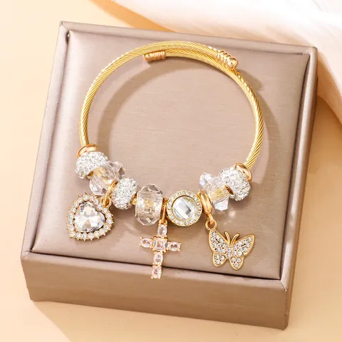 Stainless Steel Gold Alloy Rhinestone Bangle For Women Adjustable Heart Cross Butterfly Charm Bracelet Jewelry Gift