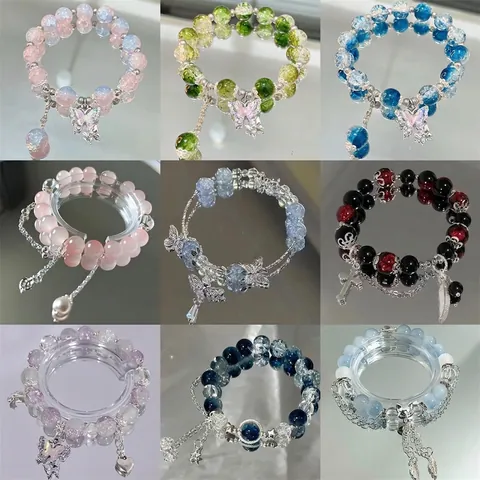 Handmade Beaded Bracelet For Women Chinese Style Crystal Crackle Bead Elastic Bracelet With Butterfly Star Pendant Fashion Jewelry Gift