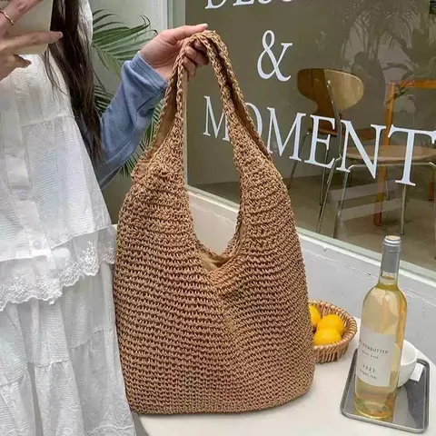 Women Large Capacity Straw Woven Tote Bag Vacation Beach Handwoven Shoulder Bag Summer Bohemian Style Straw Handbag