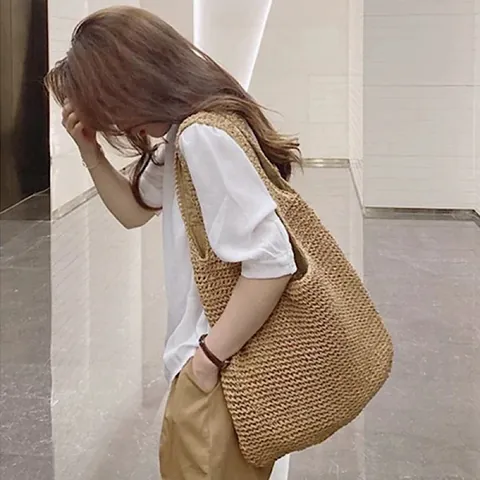Women Large Capacity Straw Woven Tote Bag Casual Beach Vacation Handbag Summer Shoulder Bag Kraft Paper