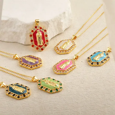Ig Style Portrait Virgin Mary 201 Stainless Steel Shell Zircon 18K Gold Plated Inlay Pendant Necklace