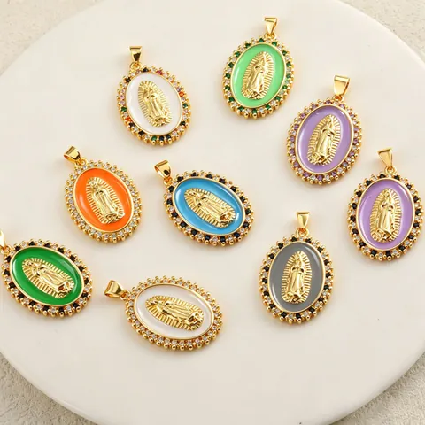 Ig Style Portrait Virgin Mary 201 Stainless Steel Shell Zircon 18K Gold Plated Inlay Pendant Necklace