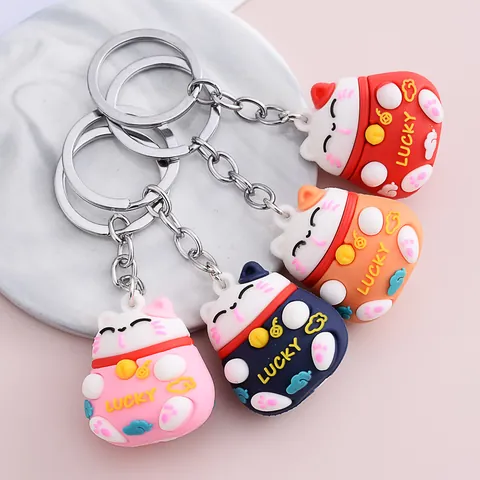Llavero de Gato de la Suerte 3D de Dibujos Animados Estilo Coreano Colgante de Bolsa Maneki Neko PVC Lindo Adorno para Coche Regalo Mujeres Hombres Niños