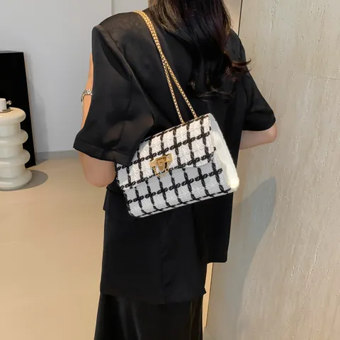 French Vintage Plaid Tweed Chain Shoulder Bag For Women Fashion Chic Commute Underarm Bag Crossbody Square Handbag