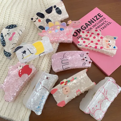 Cartoon Animal Acrylic Hair Claw Clip For Women Cute Cat Dog Pig Dinosaur Shark Clip Marble Texture Handmade Hair Accessories