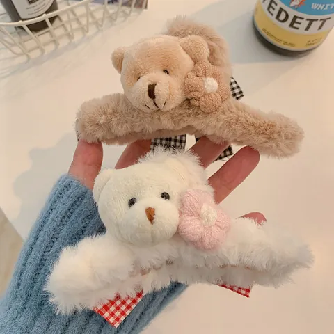 Women's Autumn Winter Plush Bear Rabbit Hair Claw Clip Large Faux Fur Gingham Bow Decorative Handmade Headwear Hair Accessories