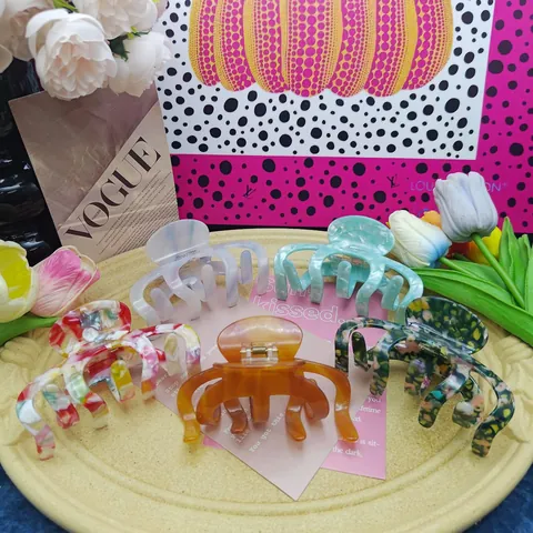 Pinza para el Pelo Francesa Retro Maillard de Acetato Forma Calabaza Grande para Mujer Patrón de Mármol Hecho a Mano Accesorios de Cabello