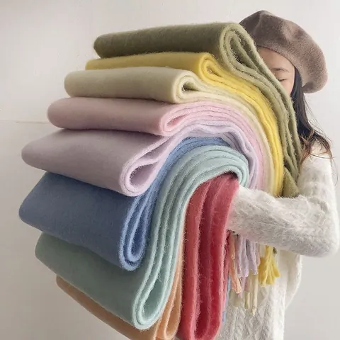Women Winter Knitted Thickened Scarf Solid Color Long Shawl Cashmere Feel Plaid Tassel Neck Warmer Soft Warm Scarf For Women Men
