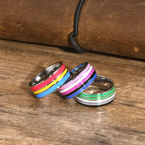 Bague Anneau en Acier Inoxydable à Rayures en Émail Coloré Drapeau LGBTQ Pride Bijoux Mode Unisexe Cadeau Accessoire