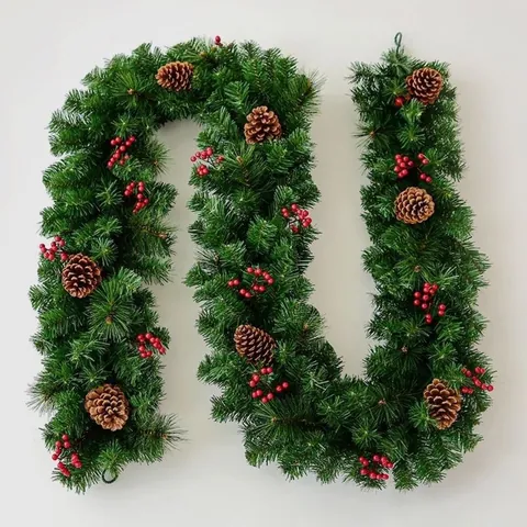 Encryptie Kerstguirlande Kunstmatige Groene Dennennaald Wijnstok Met Dennenappels Rode Bessen Voor Vakantie Feest Huis Mall Decor