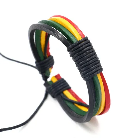 Jamaica Reggae Stil Mehrlagiges Handgeflochtenes Lederarmband Rindsleder Unisex Verstellbarer Wickelarmband Schmuck