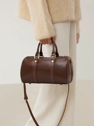 Vintage Genuine Leather Boston Crossbody Bag For Women Korean Style Cowhide Pillow Handbag Fashion Shoulder Bag Elegant Commuting Bag