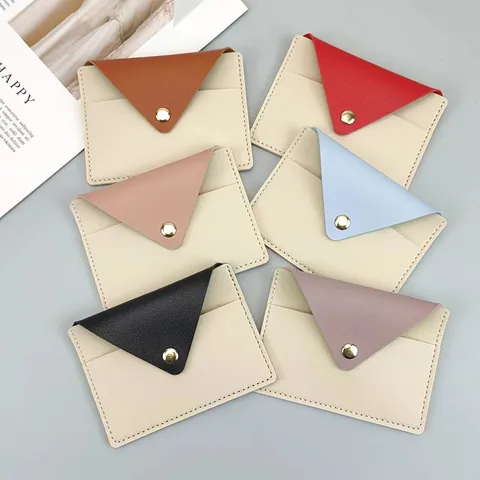 Women Slim PU Leather Card Holder Envelope Coin Purse Fashion Credit Card ID Holder Wallet With Metal Snap Button Solid Color Thin Pocket Organizer