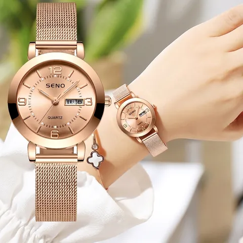 Elegante Dames Quarzuhr Lichtgevende Waterdichte Dubbele Kalender Wijzerplaat Roségoud Roestvrij Staal Mesh Band Mode Horloge
