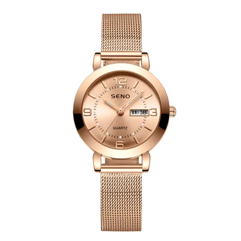 Fashion Women Quartz Watch Milanese Stainless Steel Mesh Band Waterproof Double Calendar Luminous Wristwatch Jewelry