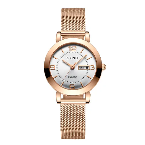 Fashion Women Quartz Watch Milanese Stainless Steel Mesh Band Waterproof Double Calendar Luminous Wristwatch Jewelry