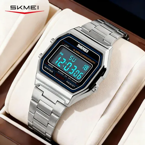 SKMEI 1123 Men Sport Digital Watch Stainless Steel Strap 50M Waterproof Chronograph Alarm Luminous LED Date Display Fashion Wristwatch