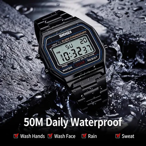 SKMEI 1123 Men Sport Digital Watch Stainless Steel Strap 50M Waterproof Chronograph Alarm Luminous LED Date Display Fashion Wristwatch
