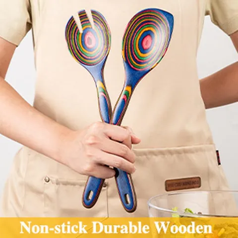 Collection d'Ustensiles de Cuisine en Bois de Pakka Assortiment d'Outils de Cuisine en Bois Arc-en-ciel Spatule Louche Fourchette à Salade
