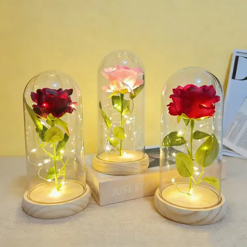 Eternal Rose In Glass Dome With LED String Lights For Valentine's Day Gift Romantic Preserved Flower Wood Base Night Light Decoration
