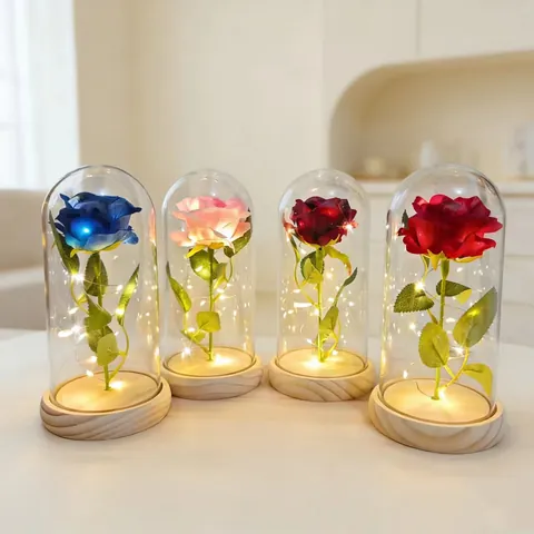 Eternal Rose In Glass Dome With LED String Lights For Valentine's Day Gift Romantic Preserved Flower Wood Base Night Light Decoration