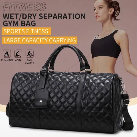 Fashionable Quilted Travel Bag For Women PU Leather Large Capacity Duffel Bag With Wet Dry Separation And Trolley Sleeve