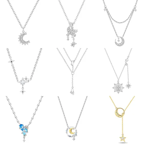 Elegant Star Moon Sun Pendant Necklace For Women Brass Zirconia Inlaid Dainty Clavicle Chain Minimalist Celestial Jewelry Gift