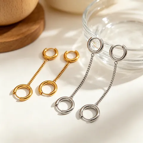 Minimalistische Roestvrijstalen Dubbele Ring Oorbellen Voor Dames Lichte Luxe Kwastje Ketting Geometrische Ronde Oorbellen