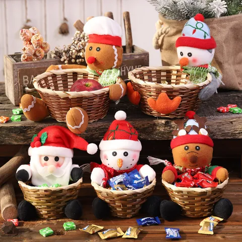 Handgeweven Wijnstok Kerst Snoepmand Met Pluche Pop Pinguïn Peperkoekman Vakantie Feest Decoratie Cadeau Opbergdoos