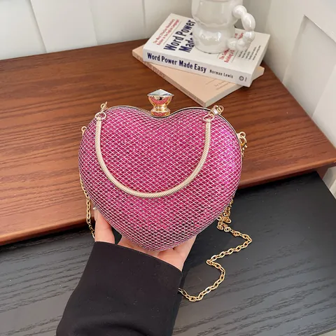 Women Heart Shaped Evening Bag PVC Rhinestone Glitter Party Clutch Purse With Gold Chain Shoulder Strap Elegant Handbag