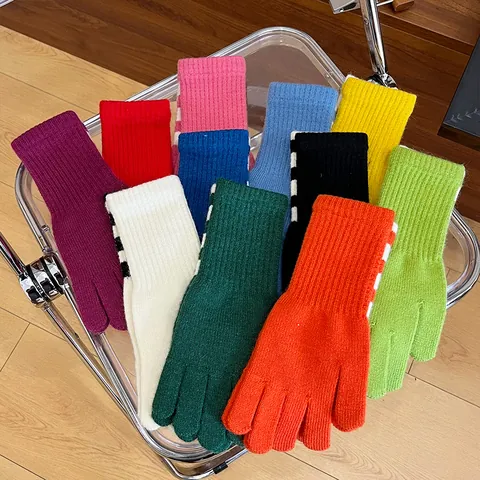 Dames Winter Warme Gebreide Handschoenen Koreaanse Stijl Gestreept Verlengde Manchet Touchscreen Acryl Jacquard Vingerhandschoenen
