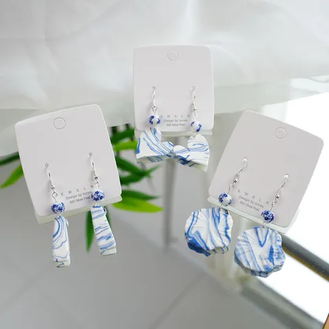 New Chinese Style Blue And White Ceramic Earrings With 925 Sterling Silver Post Vintage Handmade Geometric Drop Earrings