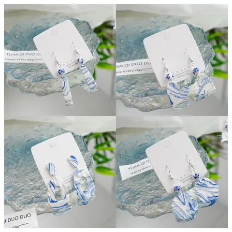 New Chinese Style Blue And White Ceramic Earrings With 925 Sterling Silver Post Vintage Handmade Geometric Drop Earrings