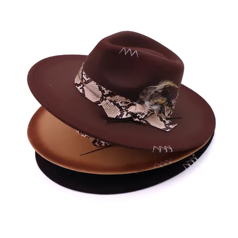 Retro Western Cowboy Hut Papierstroh Flache Krempe Fedora Mit Schlangenledermuster Band Feder Dekor Für Herren Damen Outdoor Reisen Sonnenhut