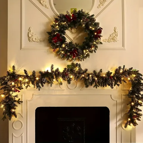 Guirlande de Pin de Noël Artificielle Avec Lumières LED Chaudes et Pommes de Pin Naturelles pour Décoration de Cheminée