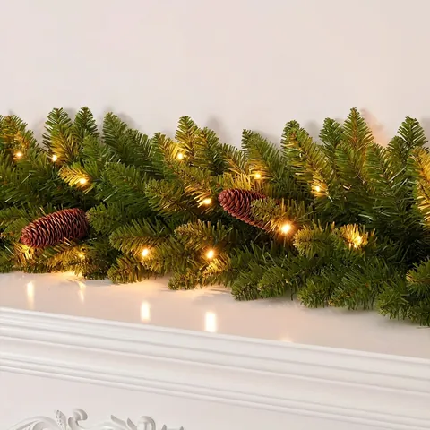 Artificial Christmas Pine Vine Garland With Warm LED Lights And Natural Pine Cones For Fireplace Stairs Door Xmas Decoration